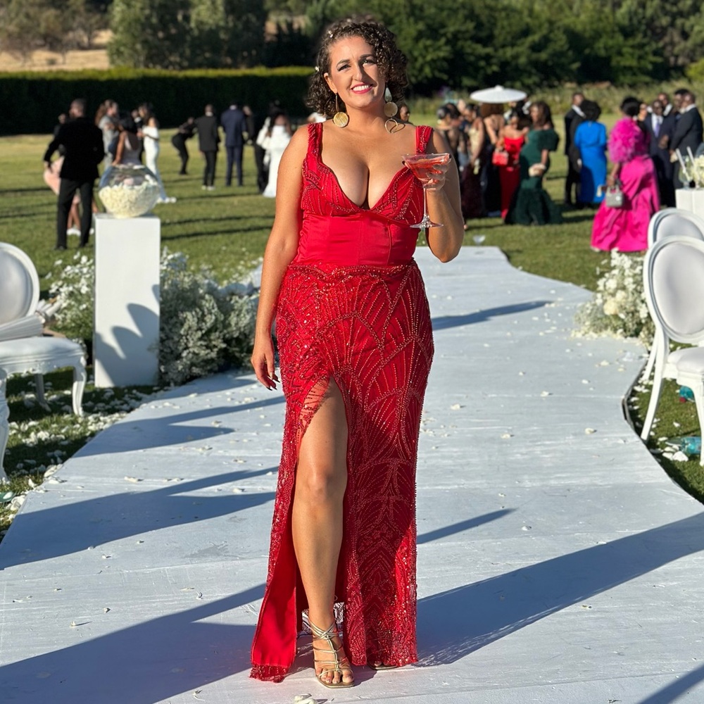 Custom Design Red Beaded Lace Corset Evening Gown